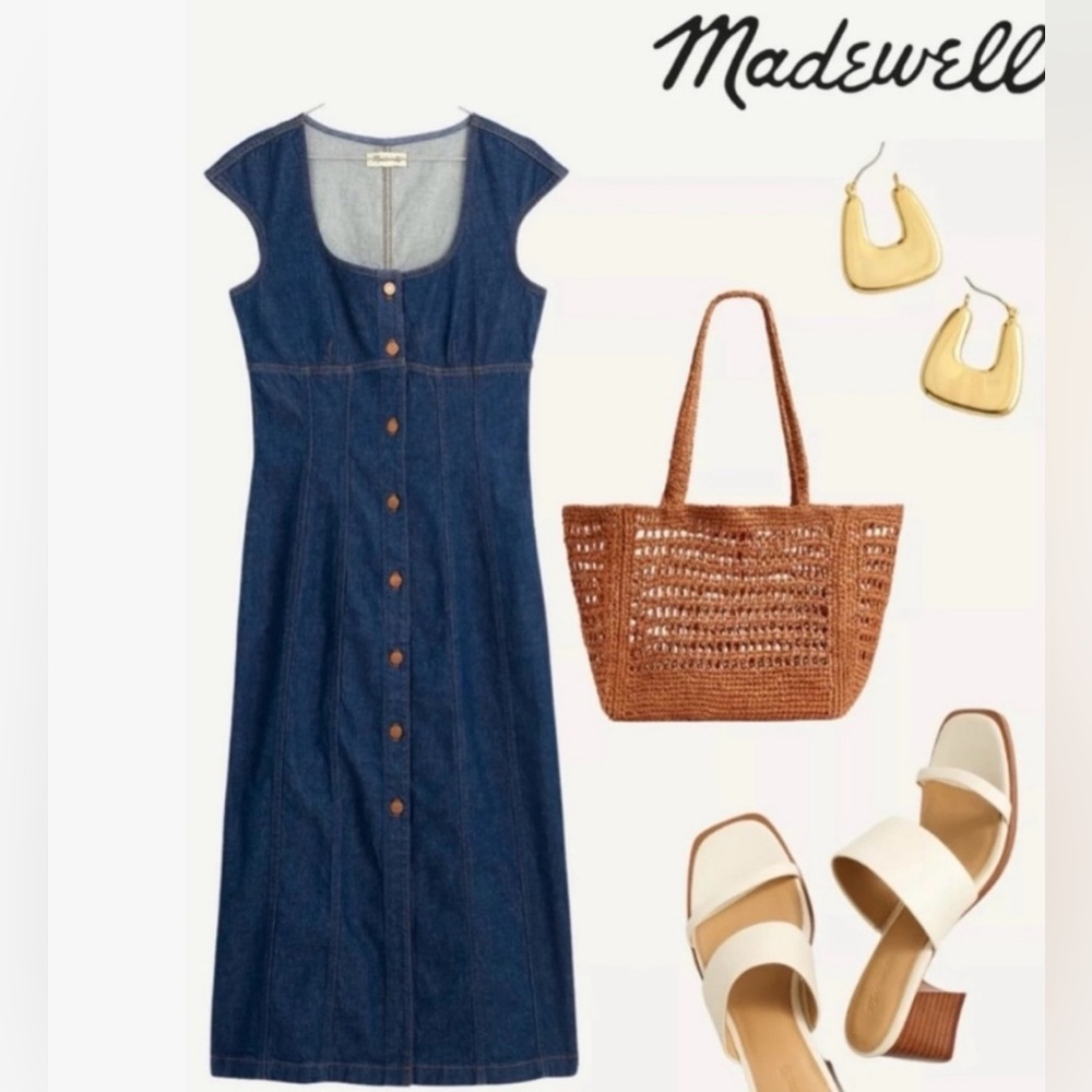 MADEWELL Denim front button square-neck midi dress NWT